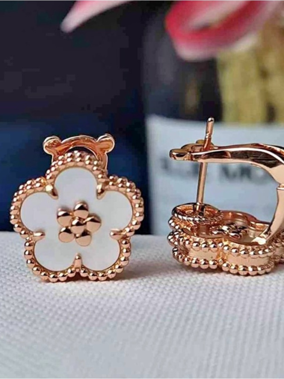 18k Rose Gold Plated Mother of Pearl Flower Omega Back Earrings